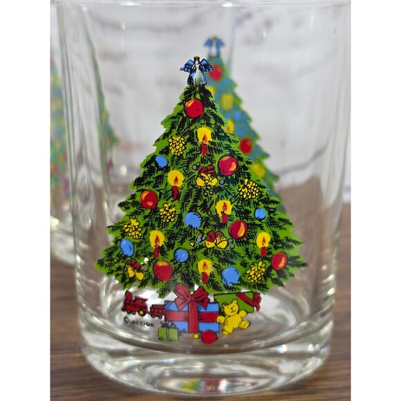 VTG Action Industries Christmas Tree Rocks Glasses Set Of 4 Holiday - Picture 2 of 9